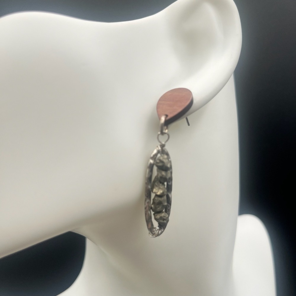 Vintage Pyrite Raw Nugget Dangle Earrings Jewelry Wood Silver Tone Stud Post - Picture 3 of 13